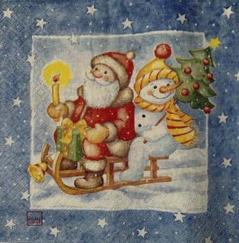 Serviette Samichlaus und Schneemann auf Schlitten, Rarität